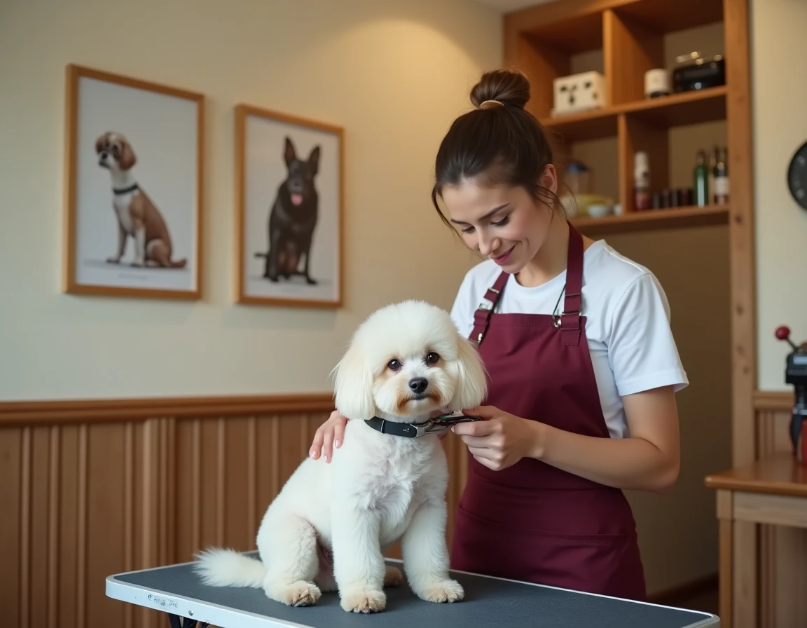 Toiletteuse du salon Canicoiff Lyon 7e taillant un bichon frisé avec des ciseaux professionnels