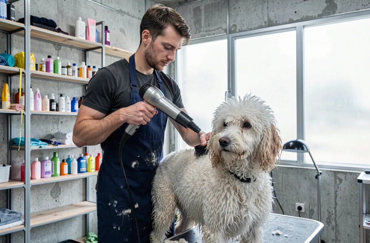 Toiletteur du salon Canicoiff Vaise séchant un caniche standard dans le 9e arrondissement de Lyon