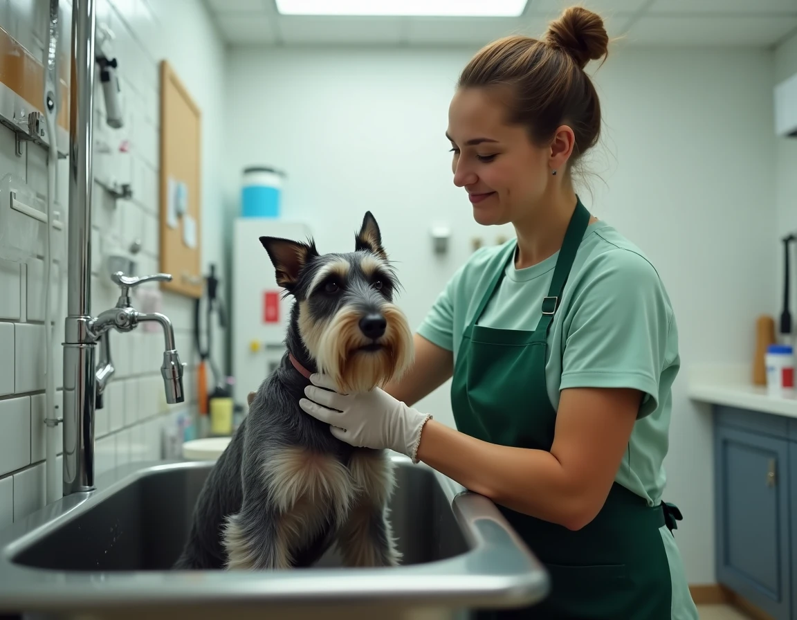 Toiletteuse du salon Canicoiff Vaulx-en-Velin donnant un bain à un schnauzer dans une baignoire professionnelle
