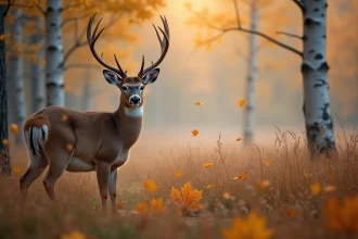 Cerf majestueux dans une clairière brumeuse entourée de feuilles d'automne en forme de cœur, symbolisant l'amour et la pureté en nature