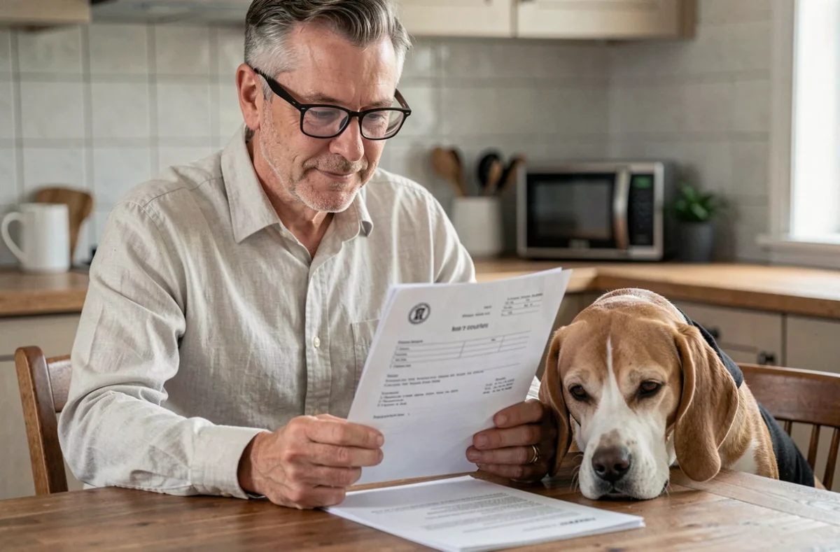 Homme consultant un certificat de cession de chien adulte à titre gratuit avec un beagle à ses côtés