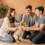 Femme remettant un chiot golden retriever à une famille souriante lors d'une cession de chien à titre gratuit
