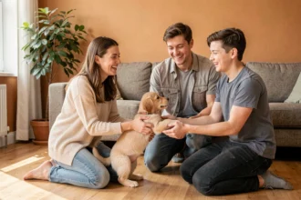 Femme remettant un chiot golden retriever à une famille souriante lors d'une cession de chien à titre gratuit