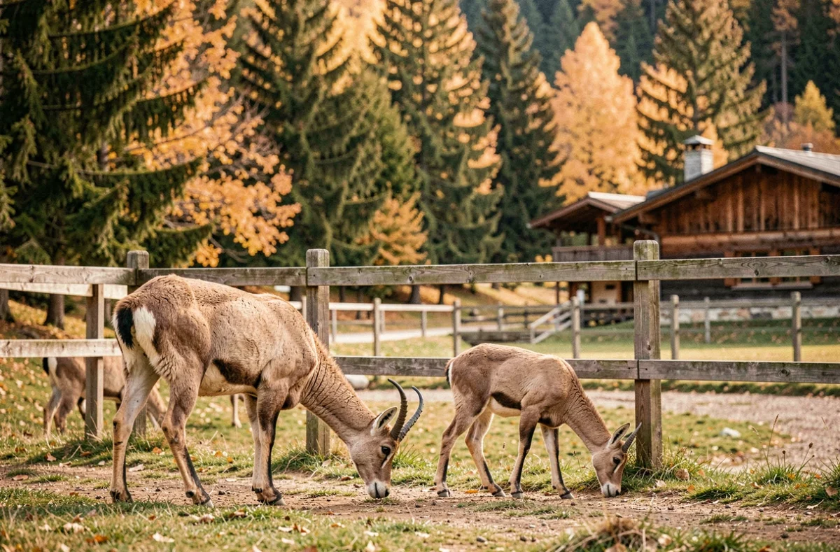 Groupe de chamois dont une femelle et ses jeunes dans un enclos naturel d'un parc animalier en Savoie entouré de sapins alpins
