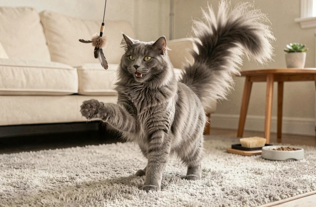 Chat angora gris jouant avec un jouet à plumes dans un salon avec accessoires pour chat