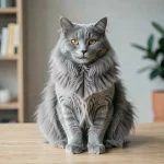 Chat angora gris aux yeux ambrés assis sur une table en bois dans un intérieur moderne