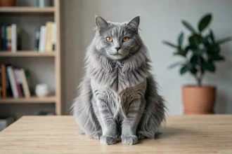 Chat angora gris aux yeux ambrés assis sur une table en bois dans un intérieur moderne