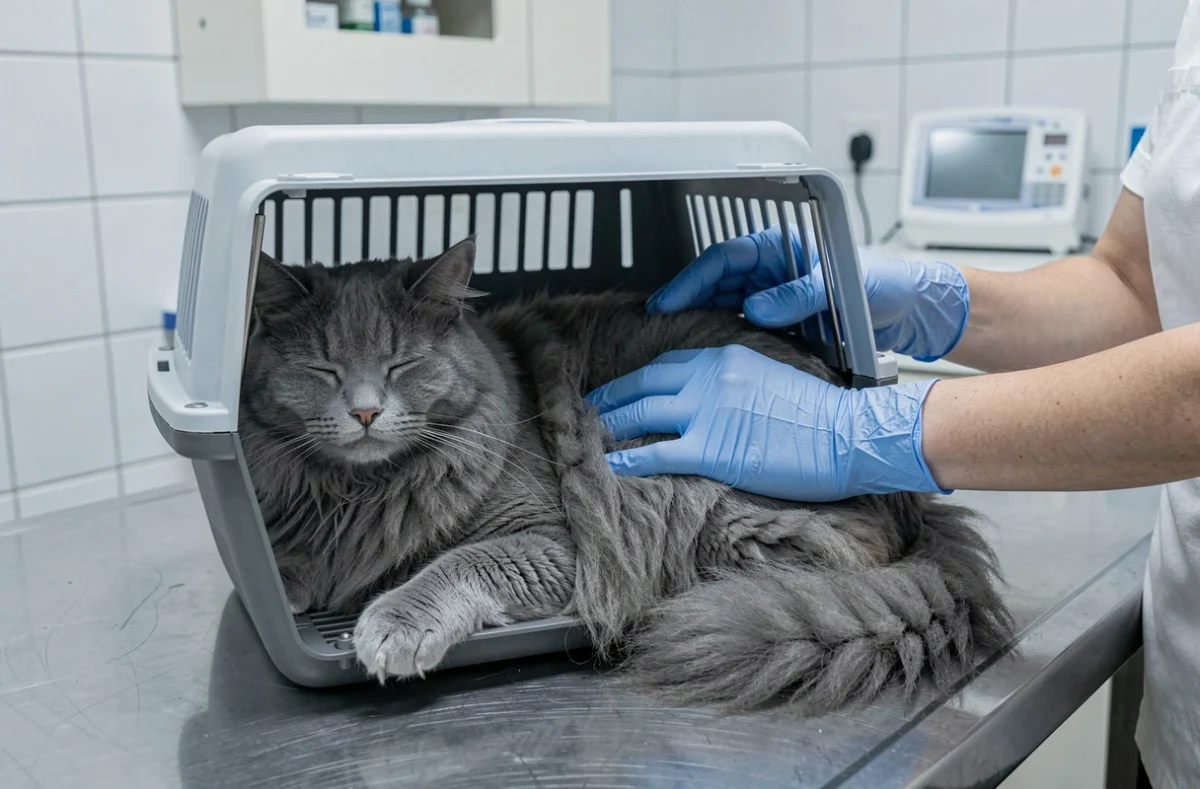 Chat angora gris examiné par un vétérinaire sur une table d'examen en clinique