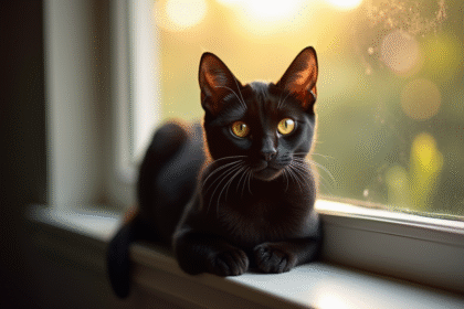 Chat Bengal noir sur une fenêtre en lumière naturelle