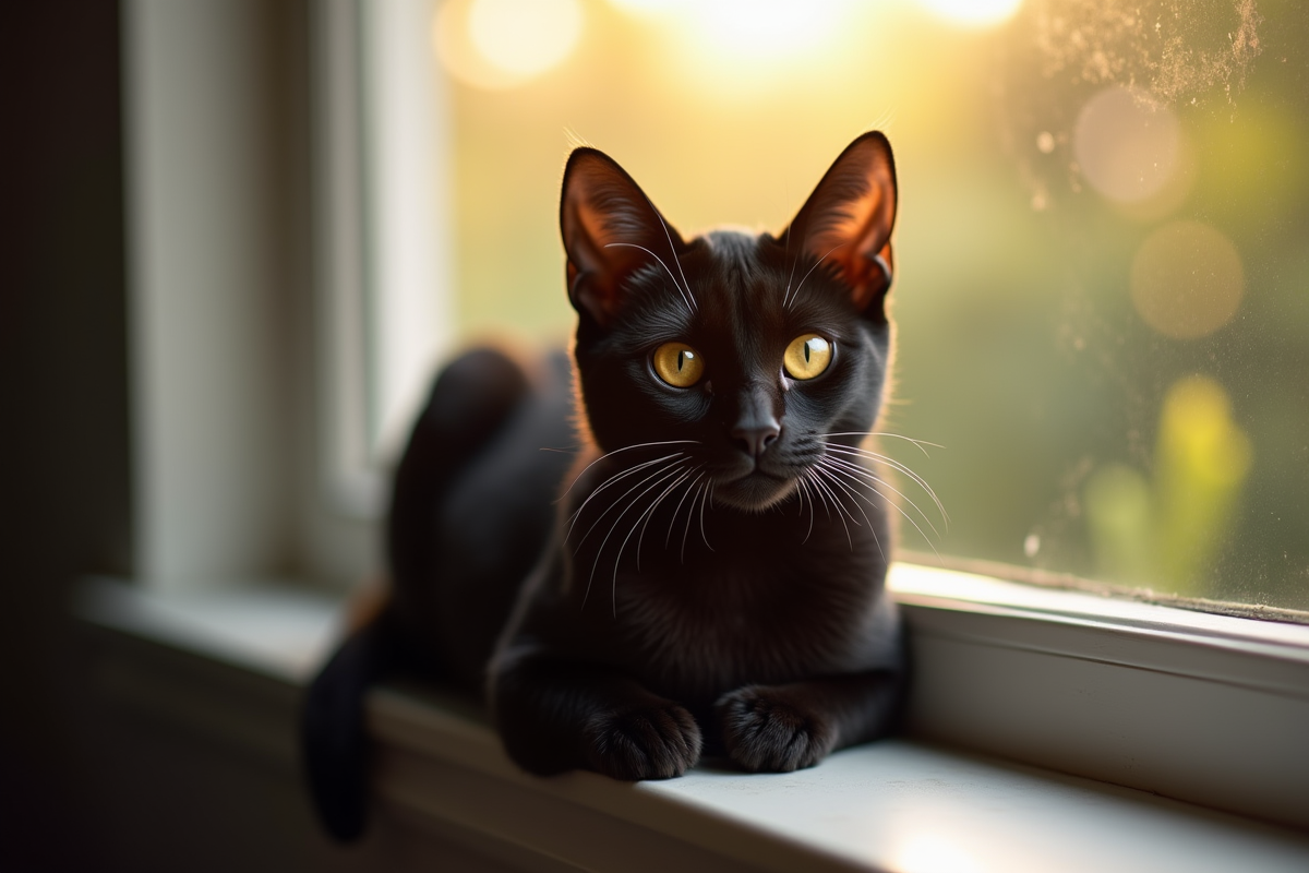 Chat Bengal noir sur une fenêtre en lumière naturelle