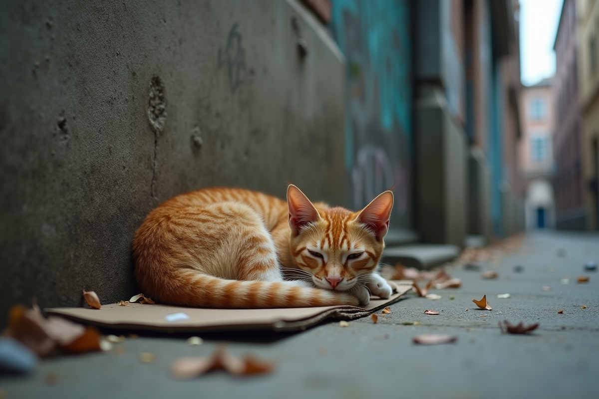 Chat roux errant dans une ruelle abandonnée