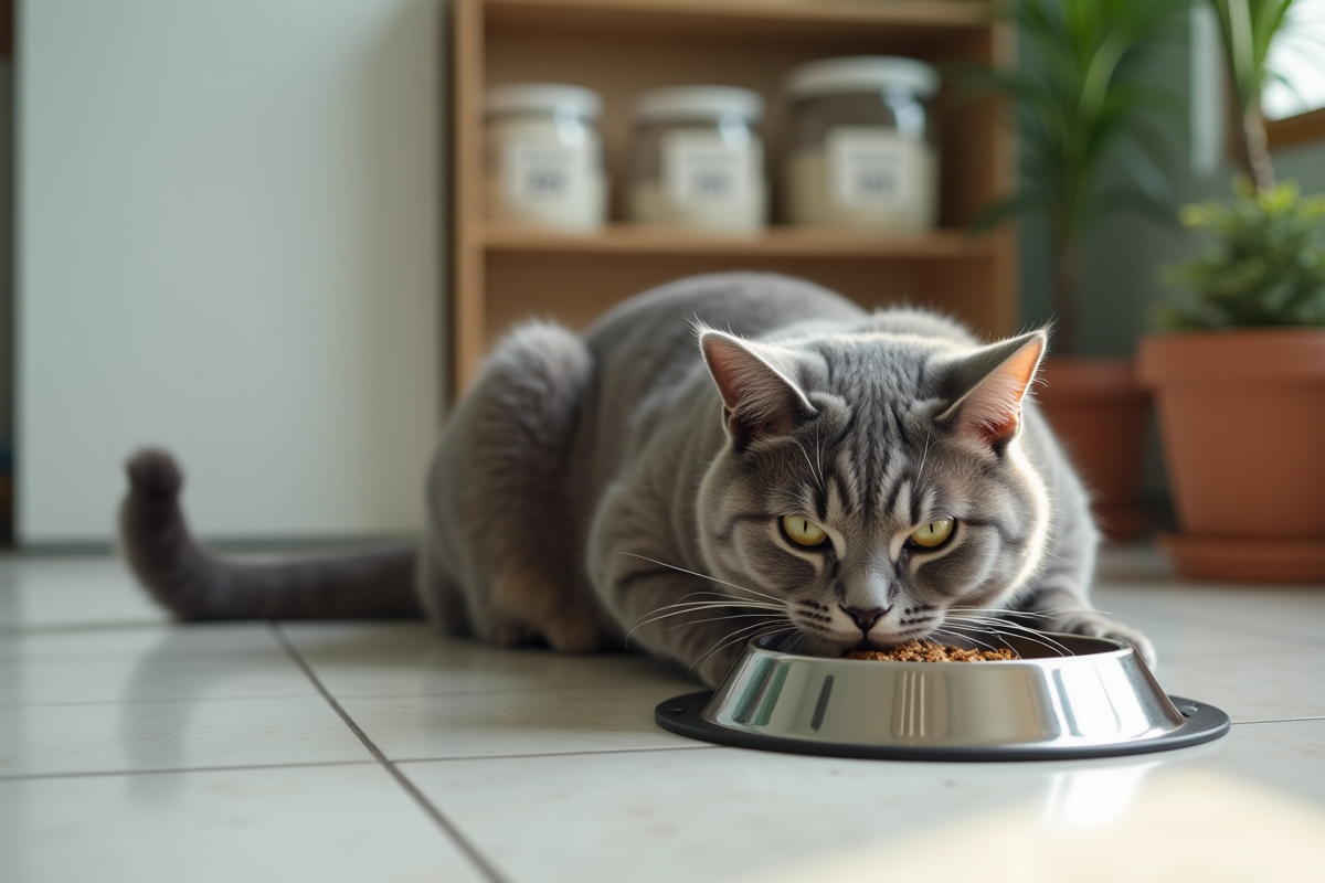 Chat gris mangeant calmement dans une cuisine organisée