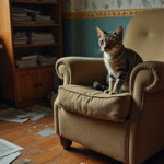 Chat domestique maigre et inquiet dans un salon en désordre