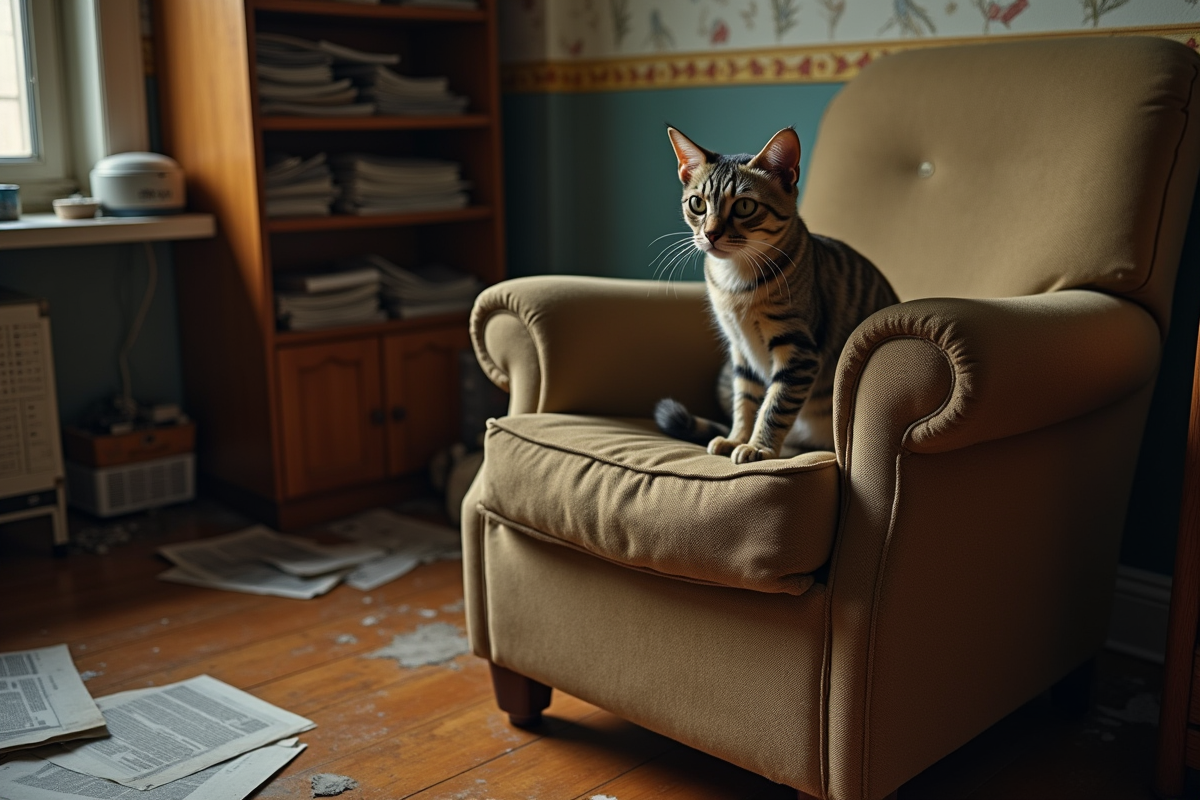 Chat domestique maigre et inquiet dans un salon en désordre