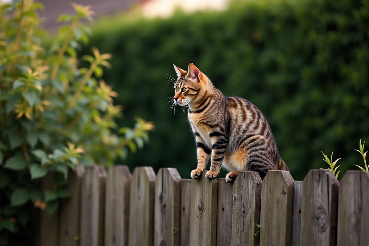 Un chat tigré sur une clôture en bois de jardin, le dos légèrement hérissé, regardant avec méfiance vers des buissons denses