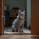 Chat gris assis devant une porte d'appartement fermée