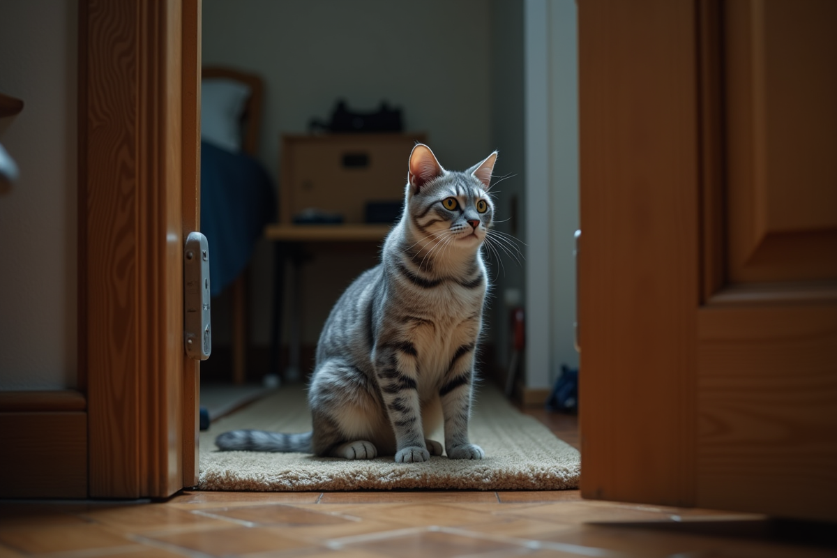 Chat gris assis devant une porte d'appartement fermée