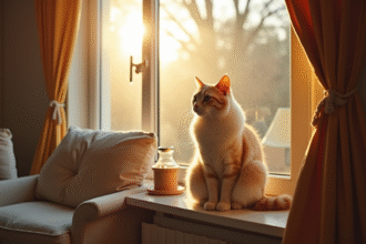 Chat domestique sur la fenêtre ensoleillée du salon