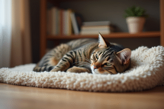 Chat femelle enceinte reposant sur une couverture douce
