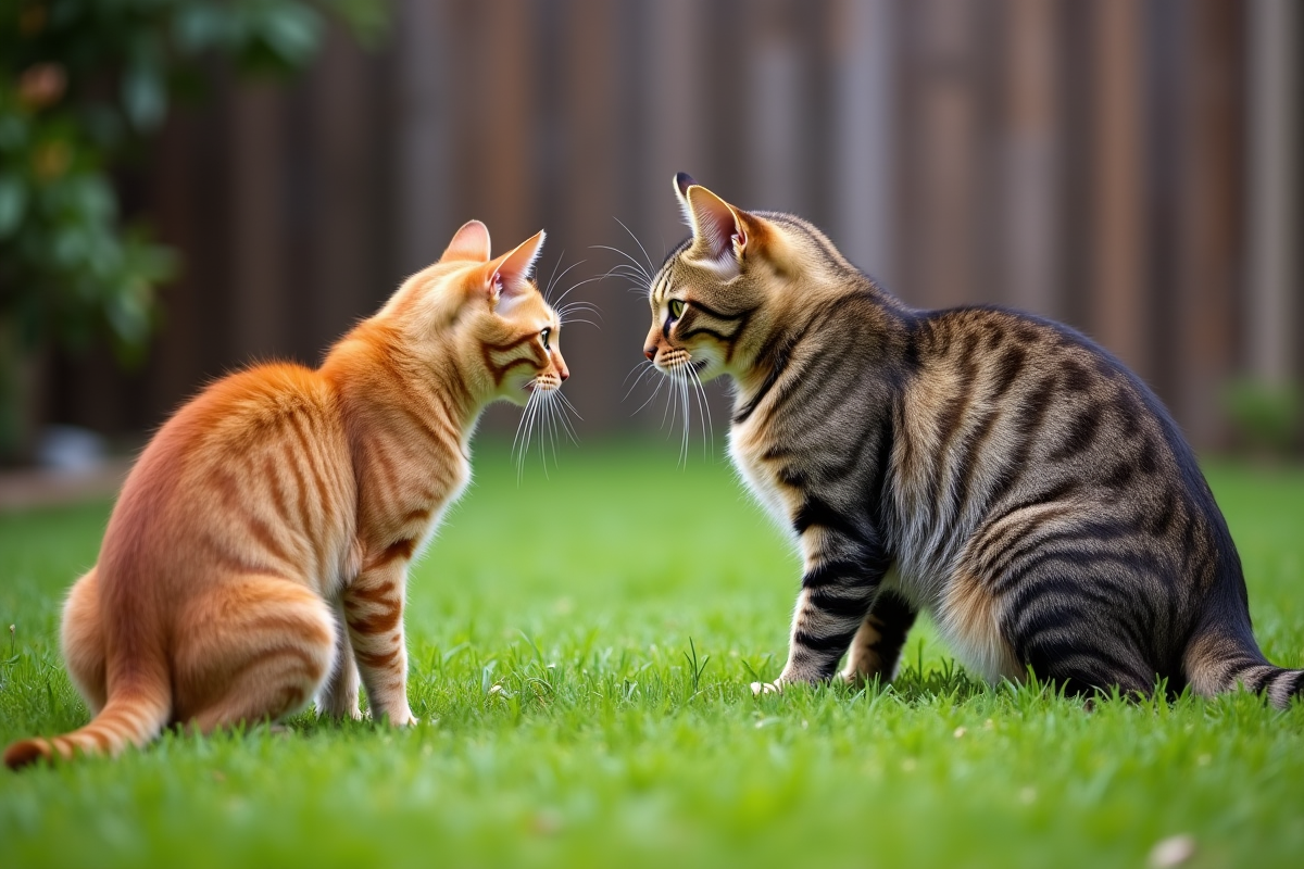 Deux chats dans un jardin avec pelouse et clôture
