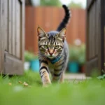 Chat tigré curieux passant par une porte de jardin