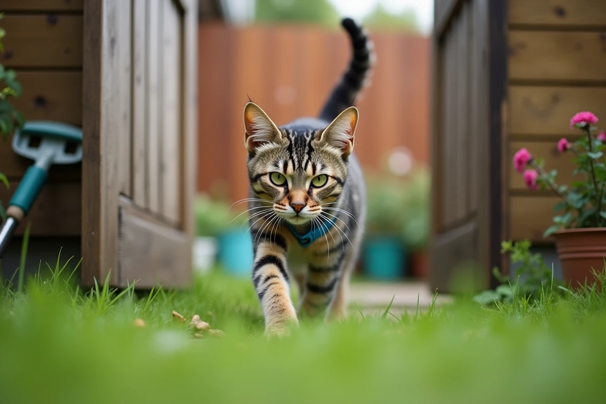 Chat tigré curieux passant par une porte de jardin