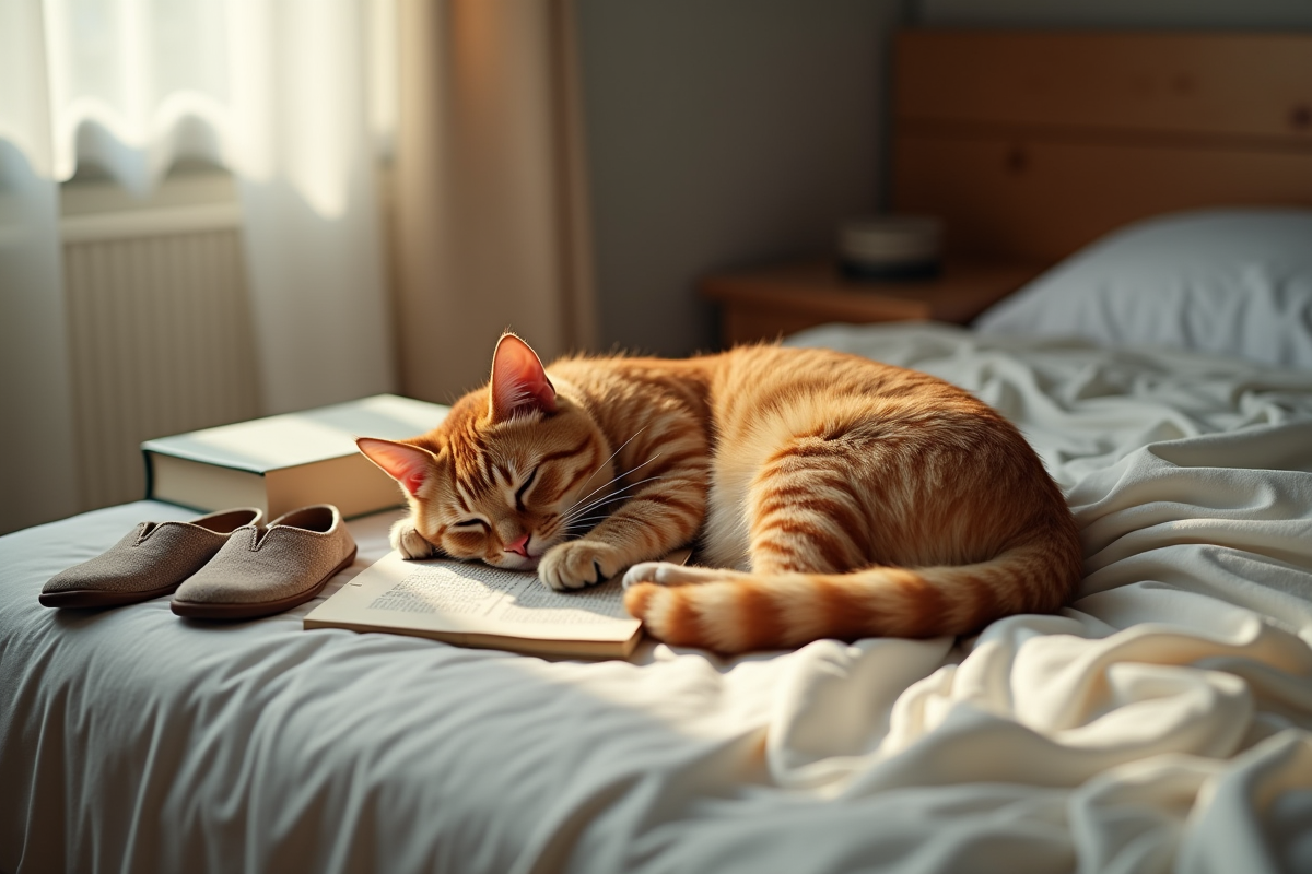 Chat roux allongé sur le lit dans une chambre calme