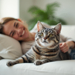 Chat gris relaxant avec une femme dans un salon lumineux