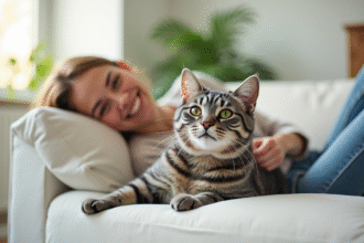 Chat gris relaxant avec une femme dans un salon lumineux
