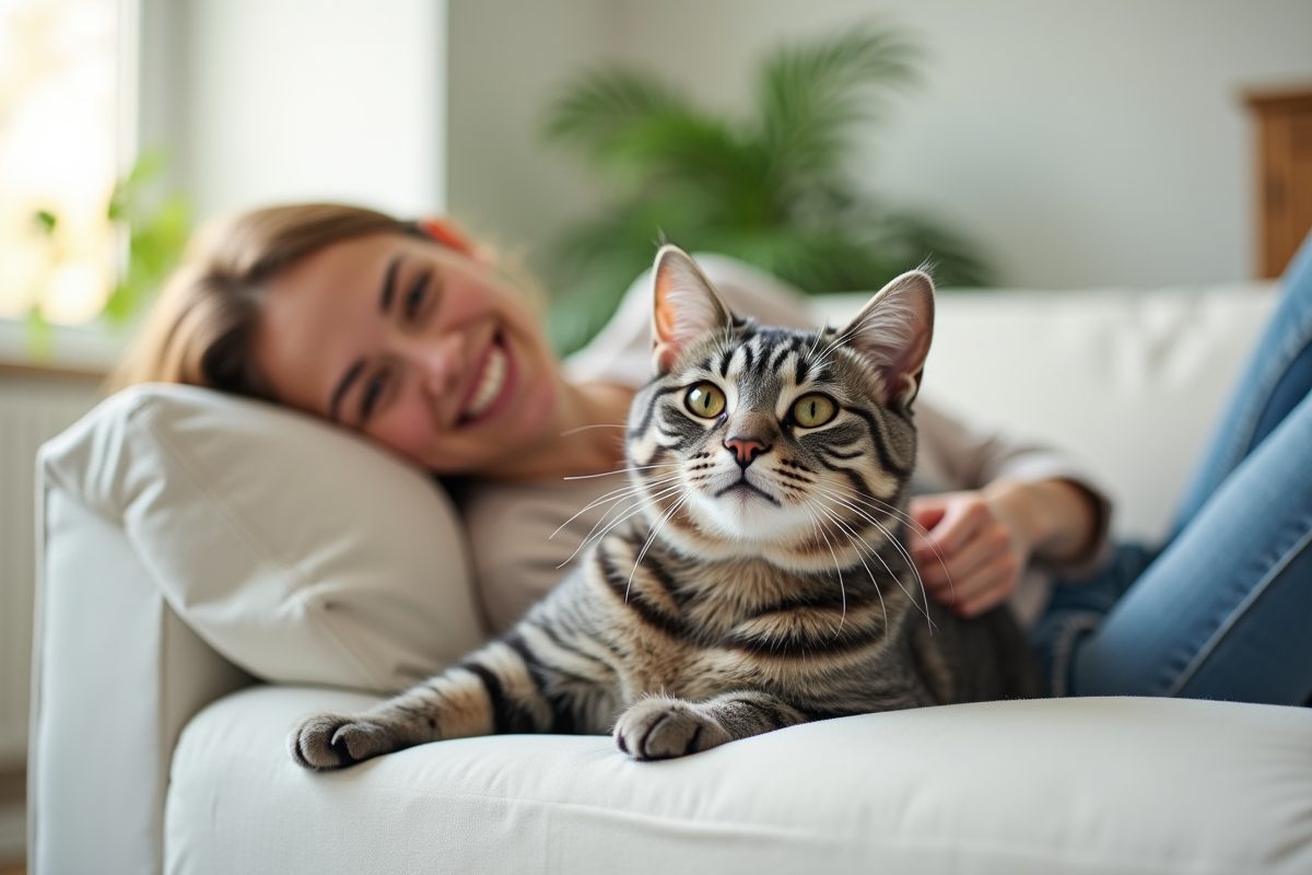 Chat gris relaxant avec une femme dans un salon lumineux