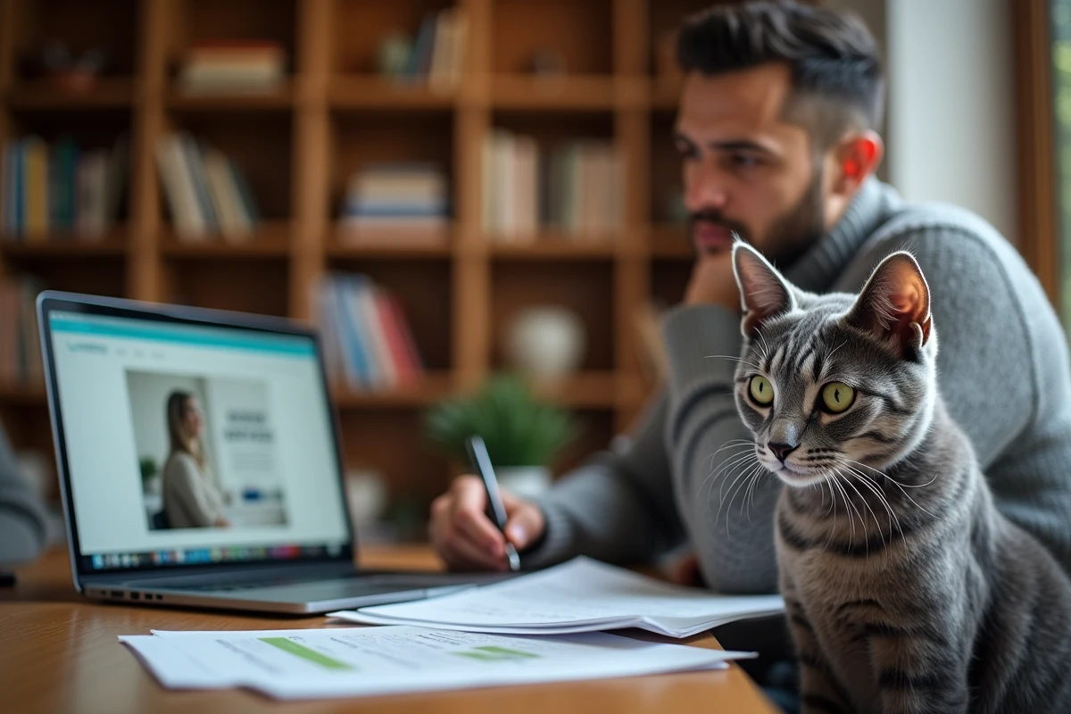 Homme comparant les assurances pour chat Korat sur ordinateur portable avec son chat Korat assis à côté, représentant le budget et les coûts d'assurance