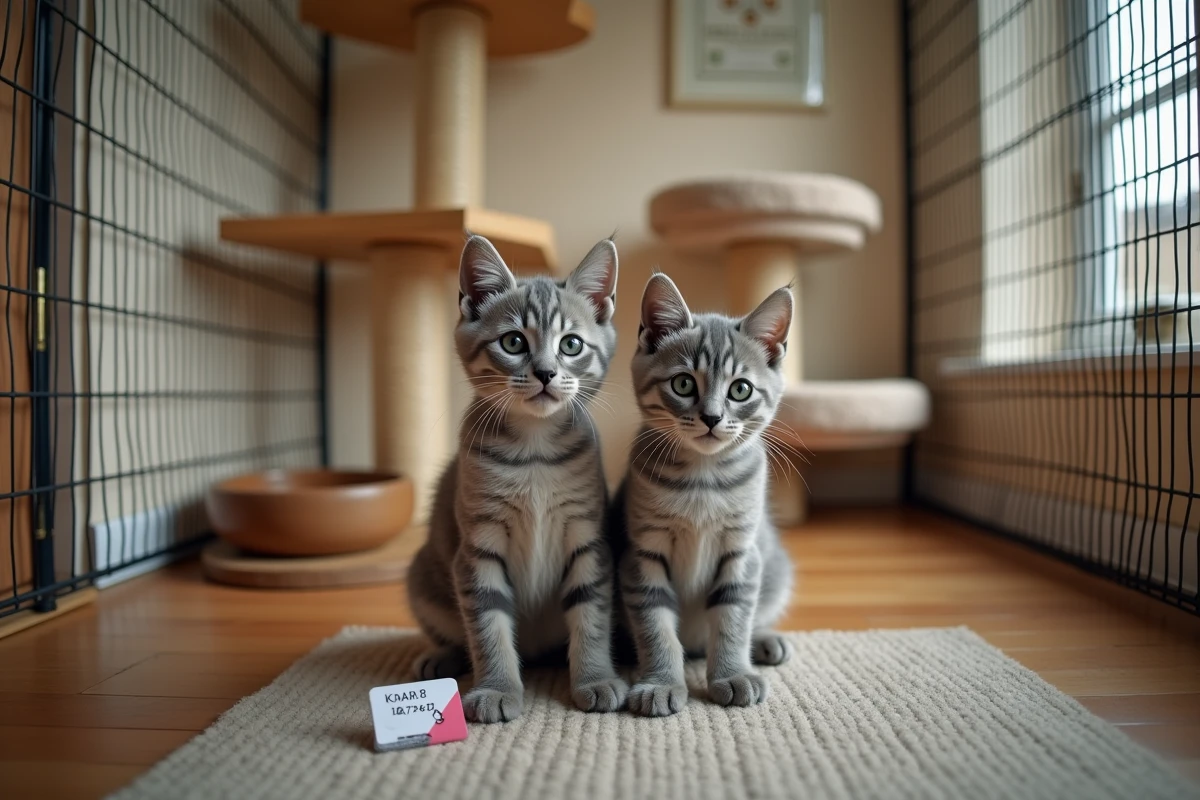Chaton et chat Korat adulte dans un enclos d'élevage avec une étiquette de prix visible, illustrant le coût d'achat et le budget pour adopter un chat Korat