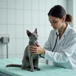 Vétérinaire examinant un chat Korat adulte lors d'une consultation, illustrant les frais de santé et soins vétérinaires du chat Korat