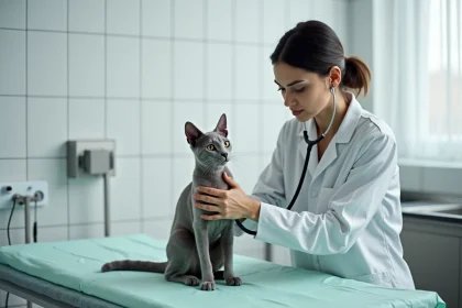 Vétérinaire examinant un chat Korat adulte lors d'une consultation, illustrant les frais de santé et soins vétérinaires du chat Korat
