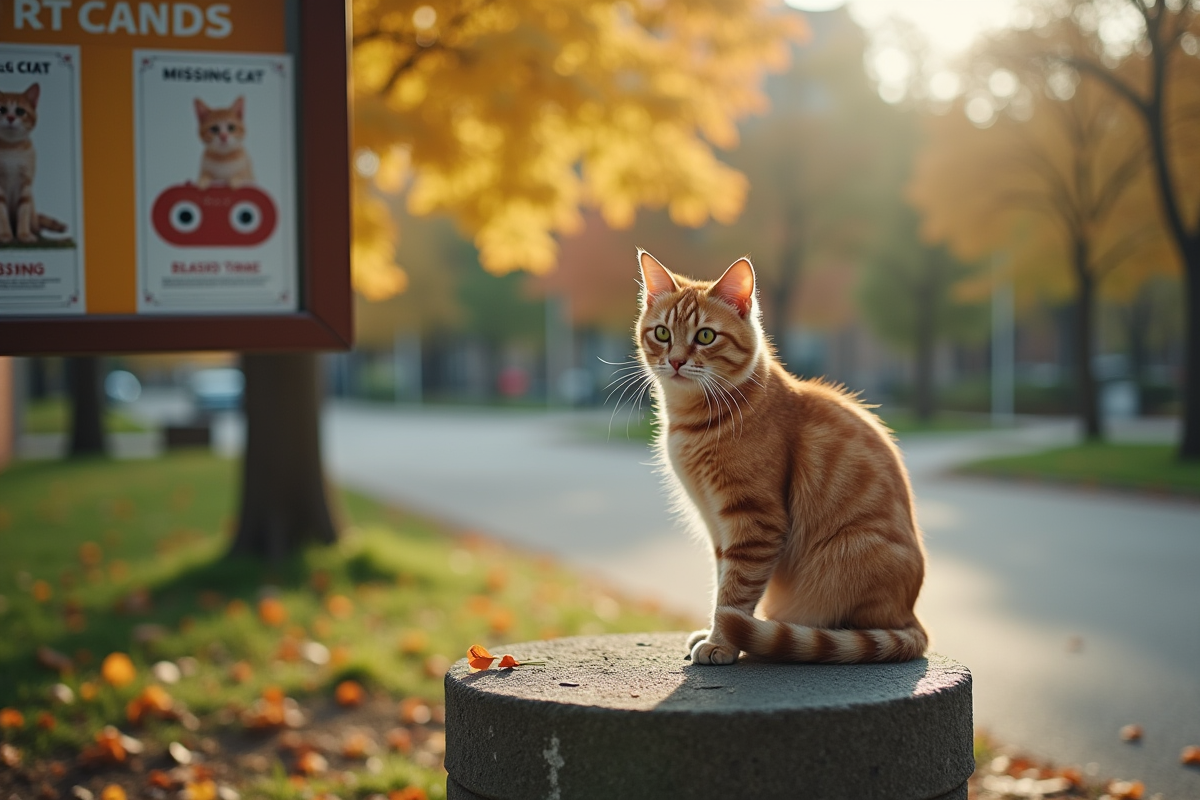 Chat curieux assis sur une affiche de chat perdu dans un parc urbain
