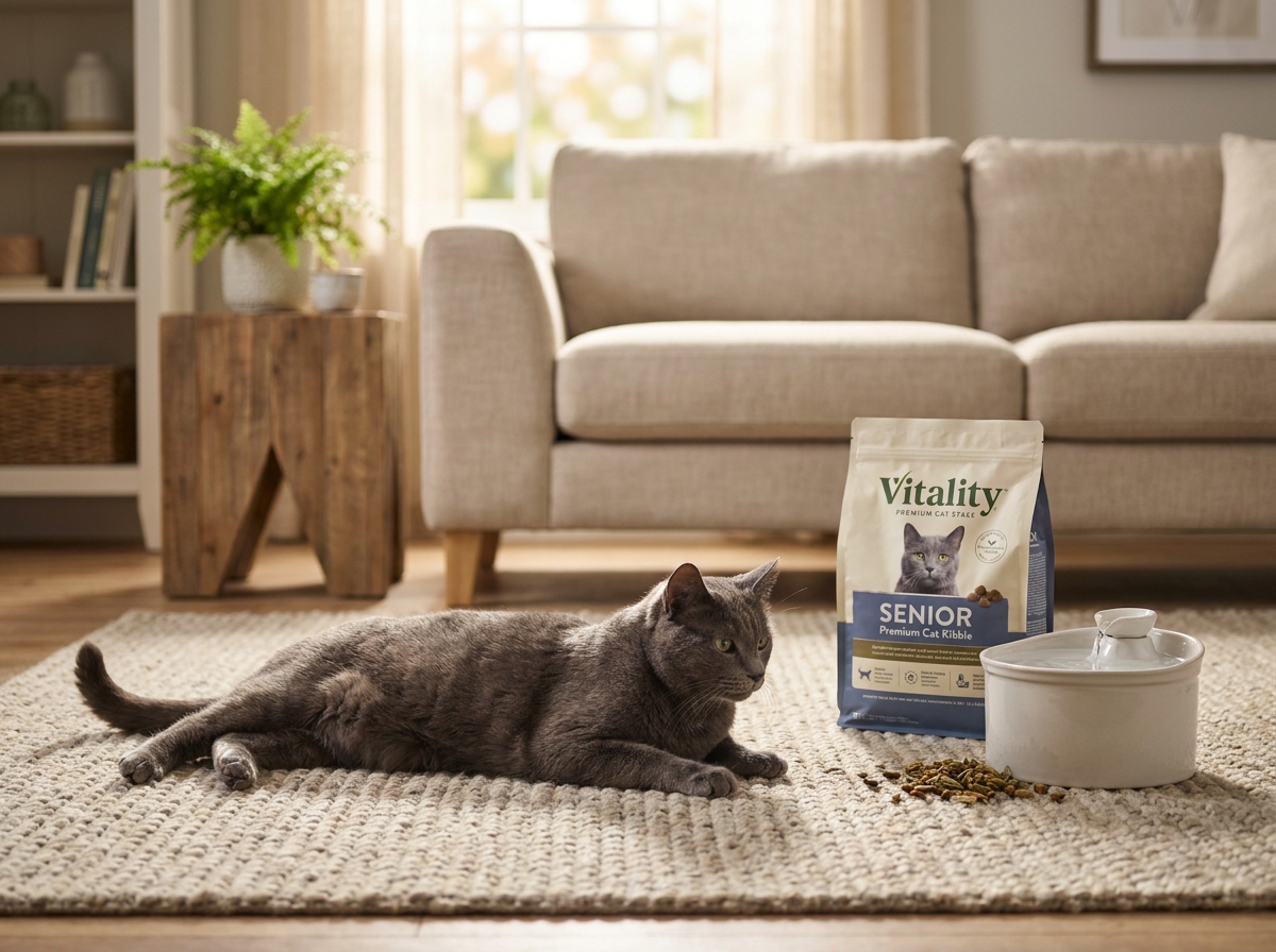 Chat gris senior en pleine forme allongé sur un tapis de salon entouré d'accessoires alimentaires de qualité, évoquant les effets positifs d'une bonne nutrition sur la longévité féline