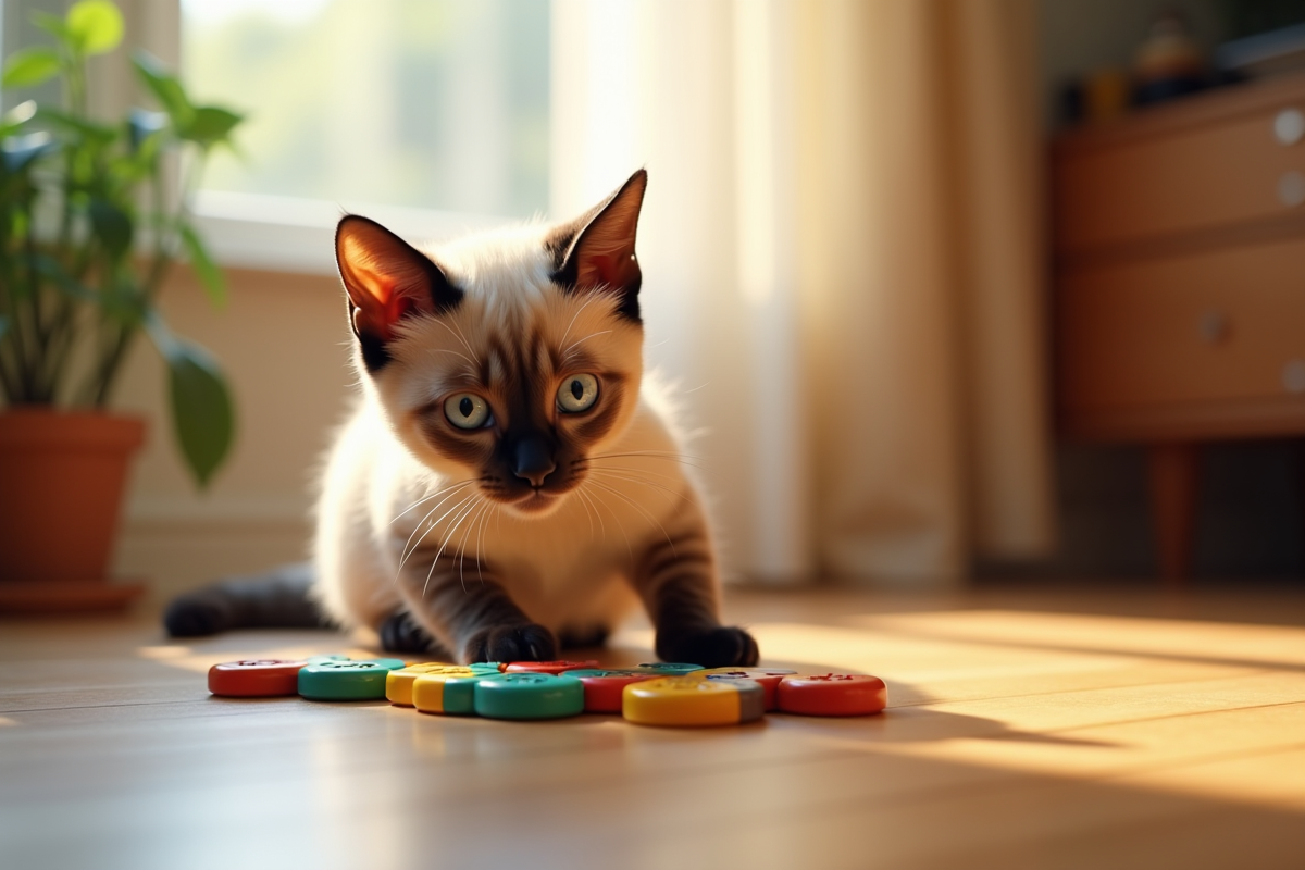 Chat siamois jouant avec un puzzle coloré en intérieur