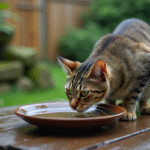Chat domestique buvant de l'eau de pluie dans un jardin