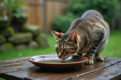 Chat domestique buvant de l'eau de pluie dans un jardin