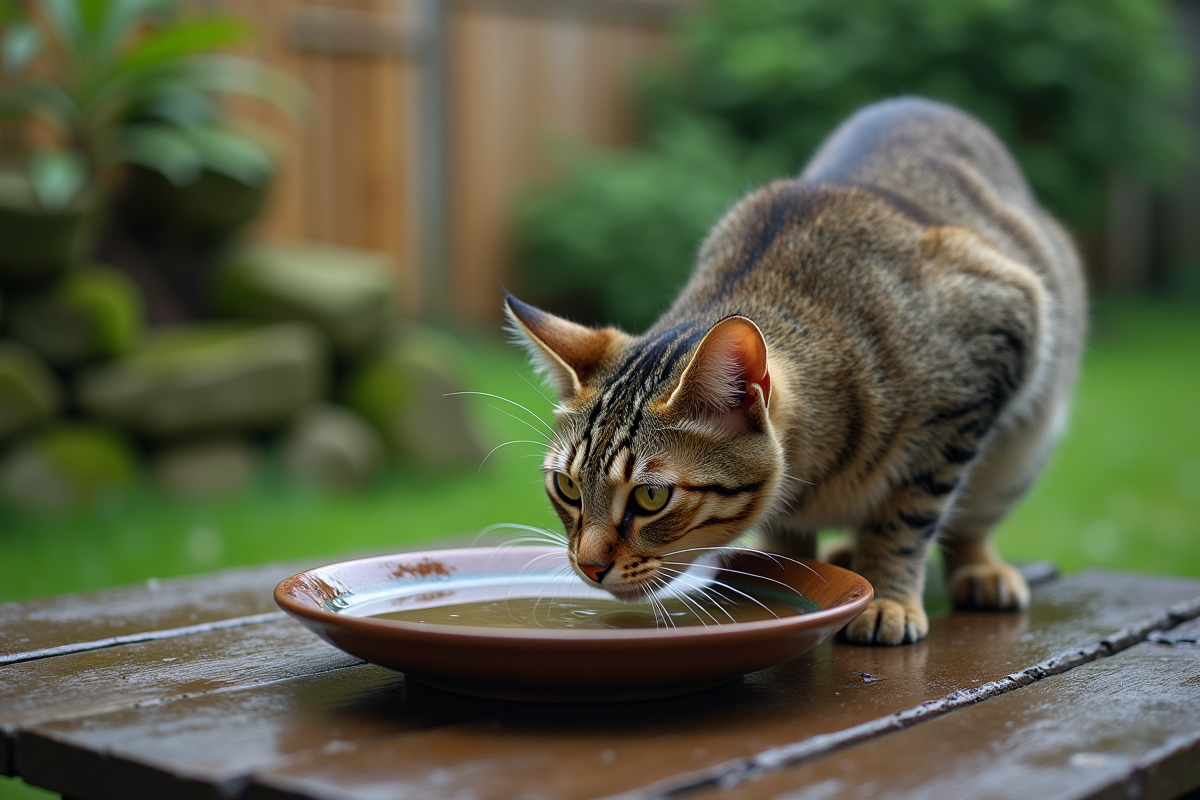 Chat domestique buvant de l'eau de pluie dans un jardin