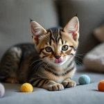 Chat tabby avec traits distincts de Down assis sur un canapé