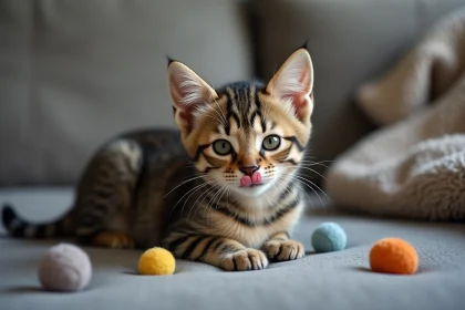 Chat tabby avec traits distincts de Down assis sur un canapé