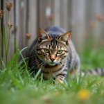 Chat tigré en pleine chasse dans le jardin