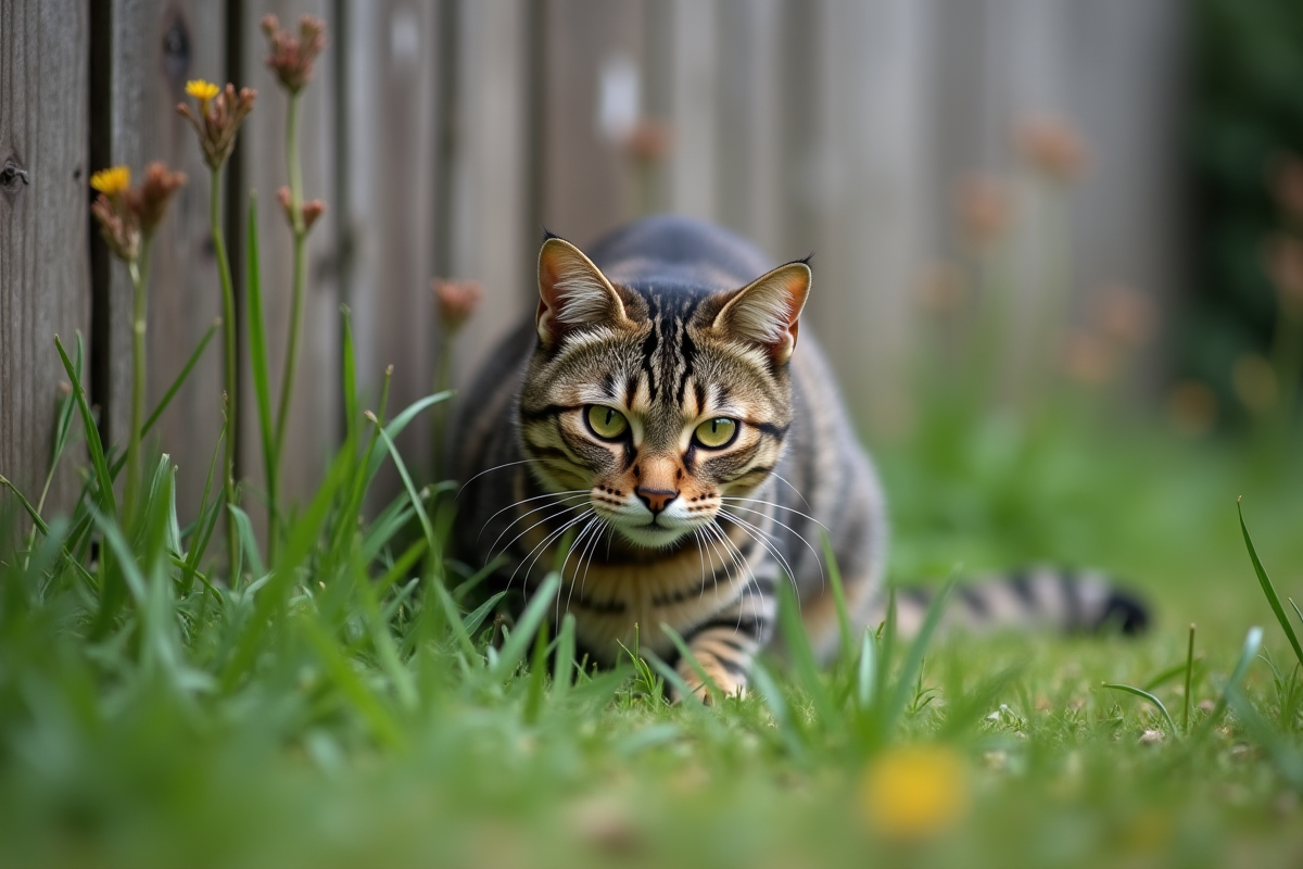 Chat tigré en pleine chasse dans le jardin