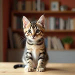 Chaton tabby de 3 mois aux yeux ambrés assis sur une table en bois dans un appartement parisien