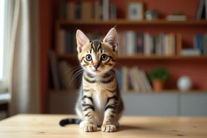 Chaton tabby de 3 mois aux yeux ambrés assis sur une table en bois dans un appartement parisien