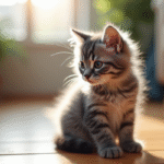 Chaton gris assis sur un sol en bois ensoleille