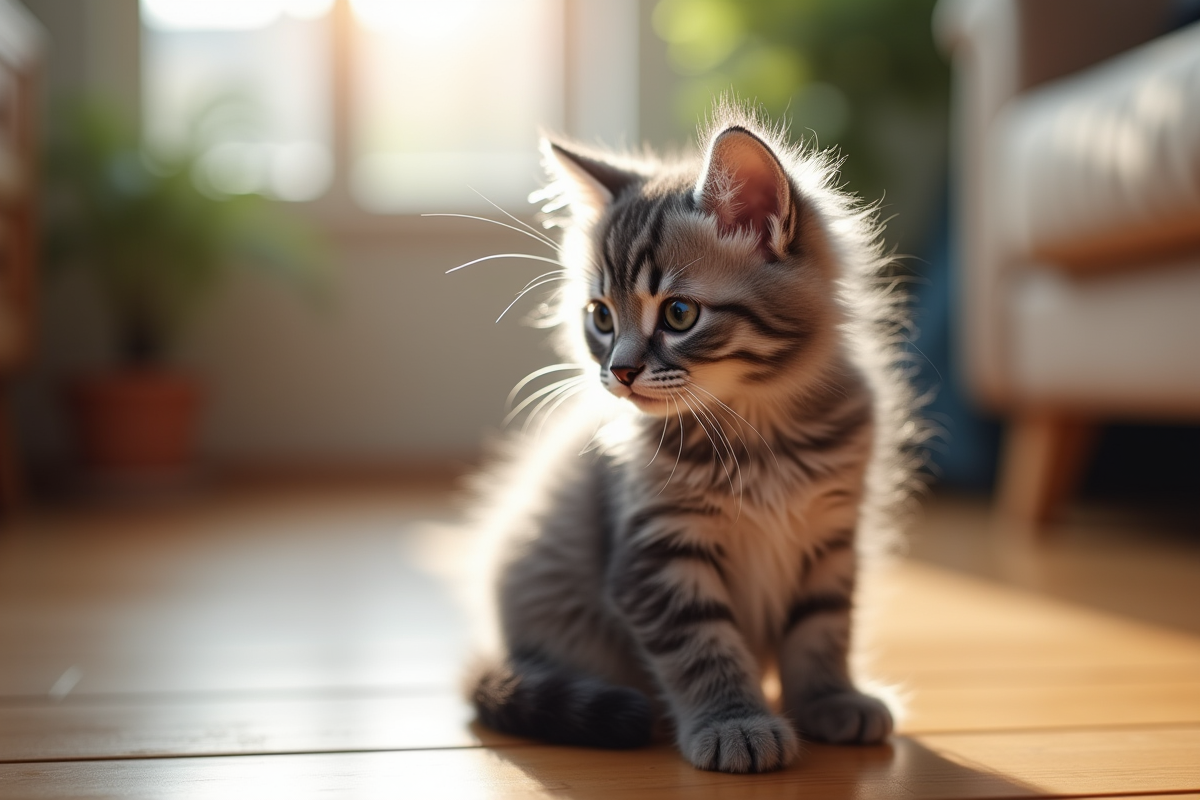 Chaton gris assis sur un sol en bois ensoleille