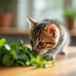 Chaton joueur reniflant des herbes fraîches sur une table