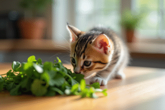 Chaton joueur reniflant des herbes fraîches sur une table